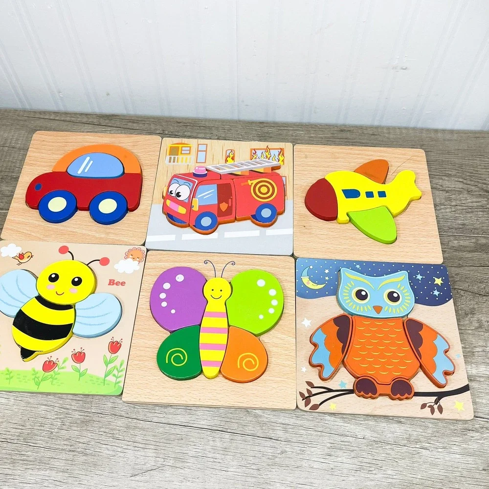 Wooden Toddler Chunky Puzzle Set 6pc Animals Transportation Montessori Toys